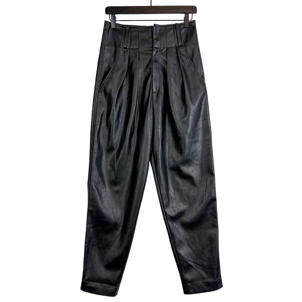 Anouki Vegan Leather Pleated 27” Slim Trouser Pants Black - S
